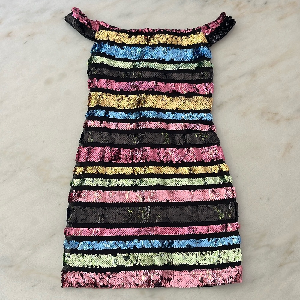 NWT B. Darlin Striped Sequin and Mesh Dress Size 7/8